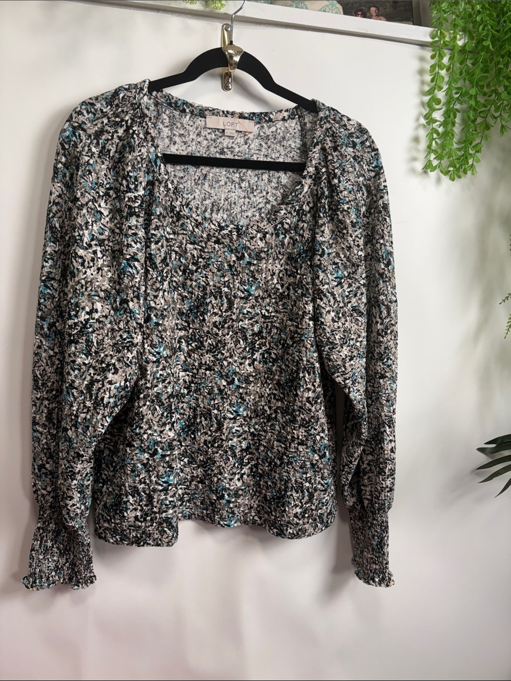 LOFT Black White and Teal Patterned Long Sleeve Blouse